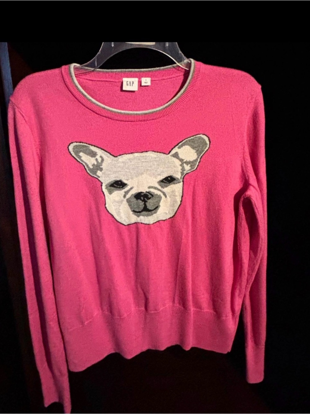 GAP Hot Pink Crewneck Sweater with Gray Dog Motif